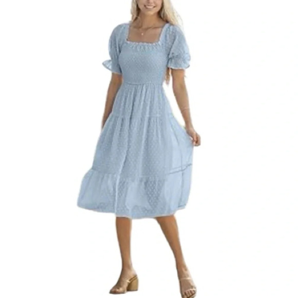 NEW Women's 2024 Summer Square Neck Puff Sleeve Boho Midi Dress - Picture 4 of 4